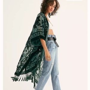 Free people green velvet Nightbird Burnout kimono in Jade Combo, one size